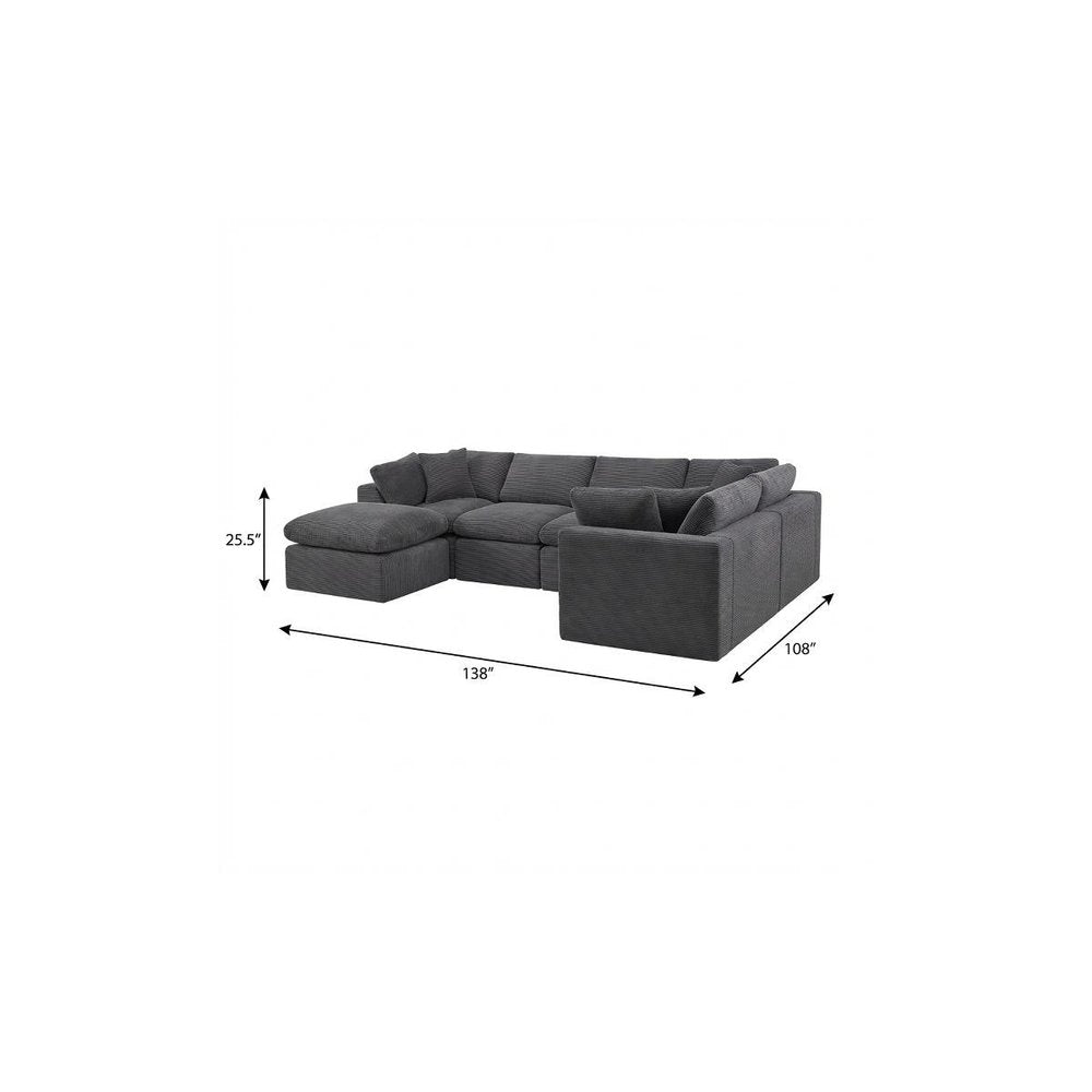 Dark Gray Corduroy Modular Sectional with Ottoman and Toss Pillows - 138-inch