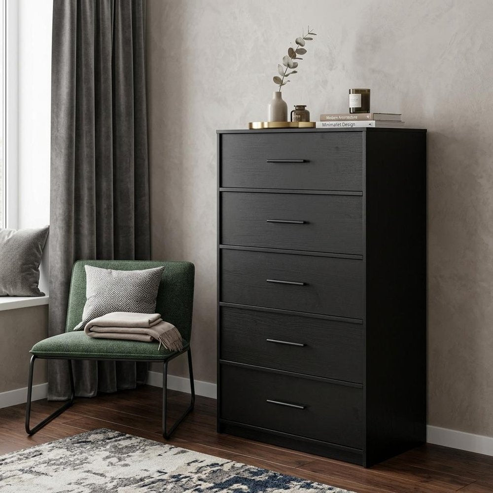 Black Fabric Wood and Steel Five Drawer Lingerie Chest Dresser - 23-inch
