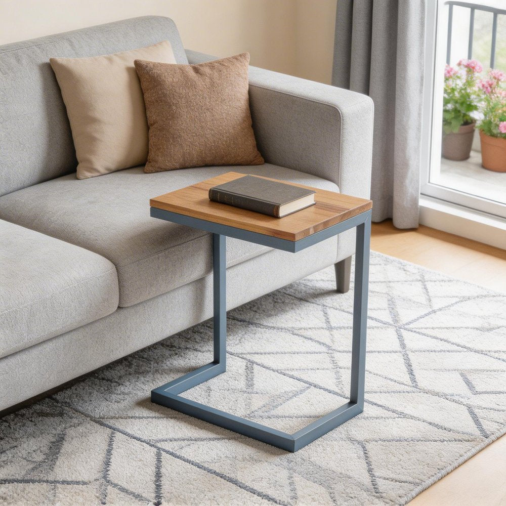 Natural and Blue Wood and Iron End Table - 26-inch