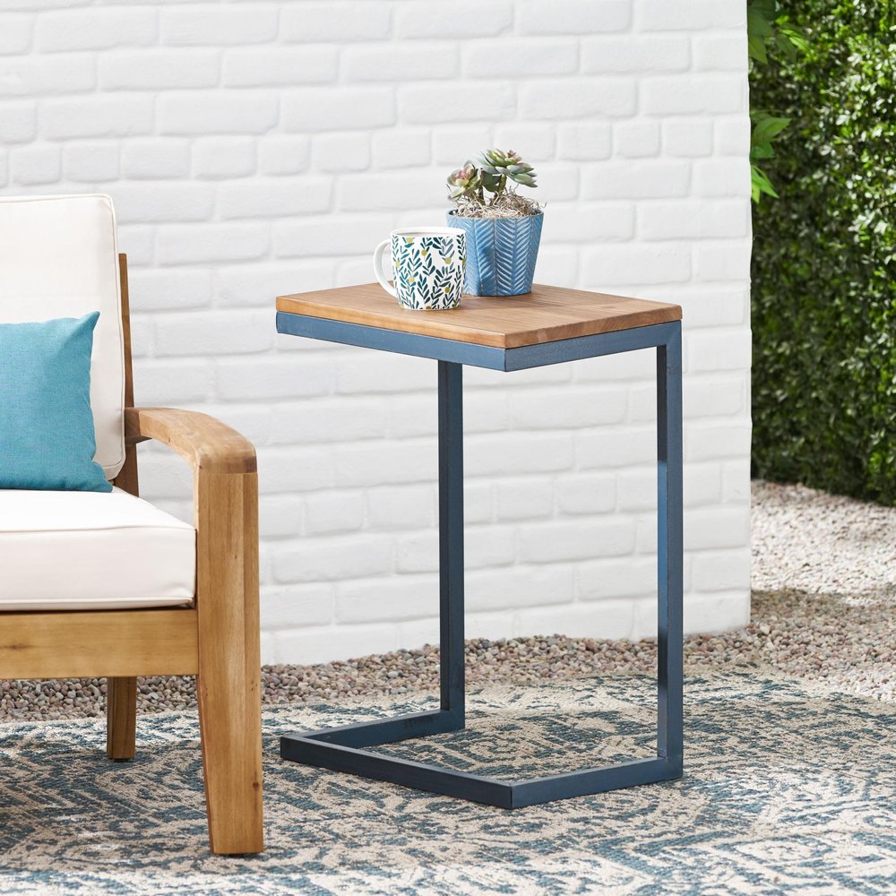 Natural and Blue Wood and Iron End Table - 26-inch