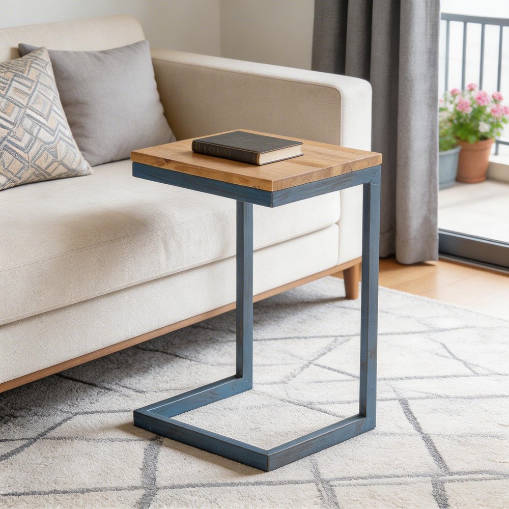 Natural and Blue Wood and Iron End Table - 26-inch