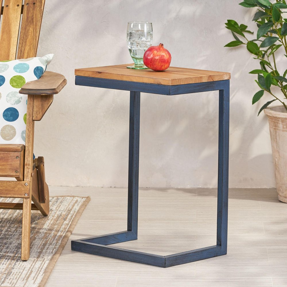 Natural and Blue Wood and Iron End Table - 26-inch