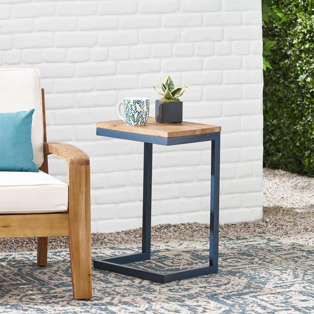 Natural and Blue Wood and Iron End Table - 26-inch