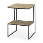 Light Brown and Black Solid Wood and Iron Square Sled End Table with Shelf