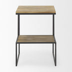 Light Brown and Black Solid Wood and Iron Square Sled End Table with Shelf