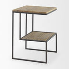 Light Brown and Black Solid Wood and Iron Square Sled End Table with Shelf