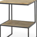 Light Brown and Black Solid Wood and Iron Square Sled End Table with Shelf