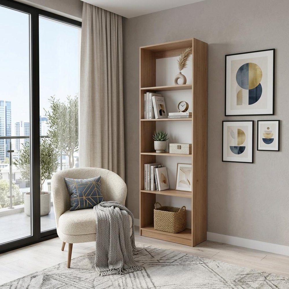 Beige Wood Five Tier Bookcase - 71-inch