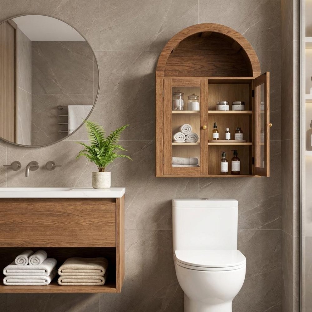 Brown Wood Wall Mounted Glass Panel Inlay Four Door Bathroom Cabinet - 32-inch
