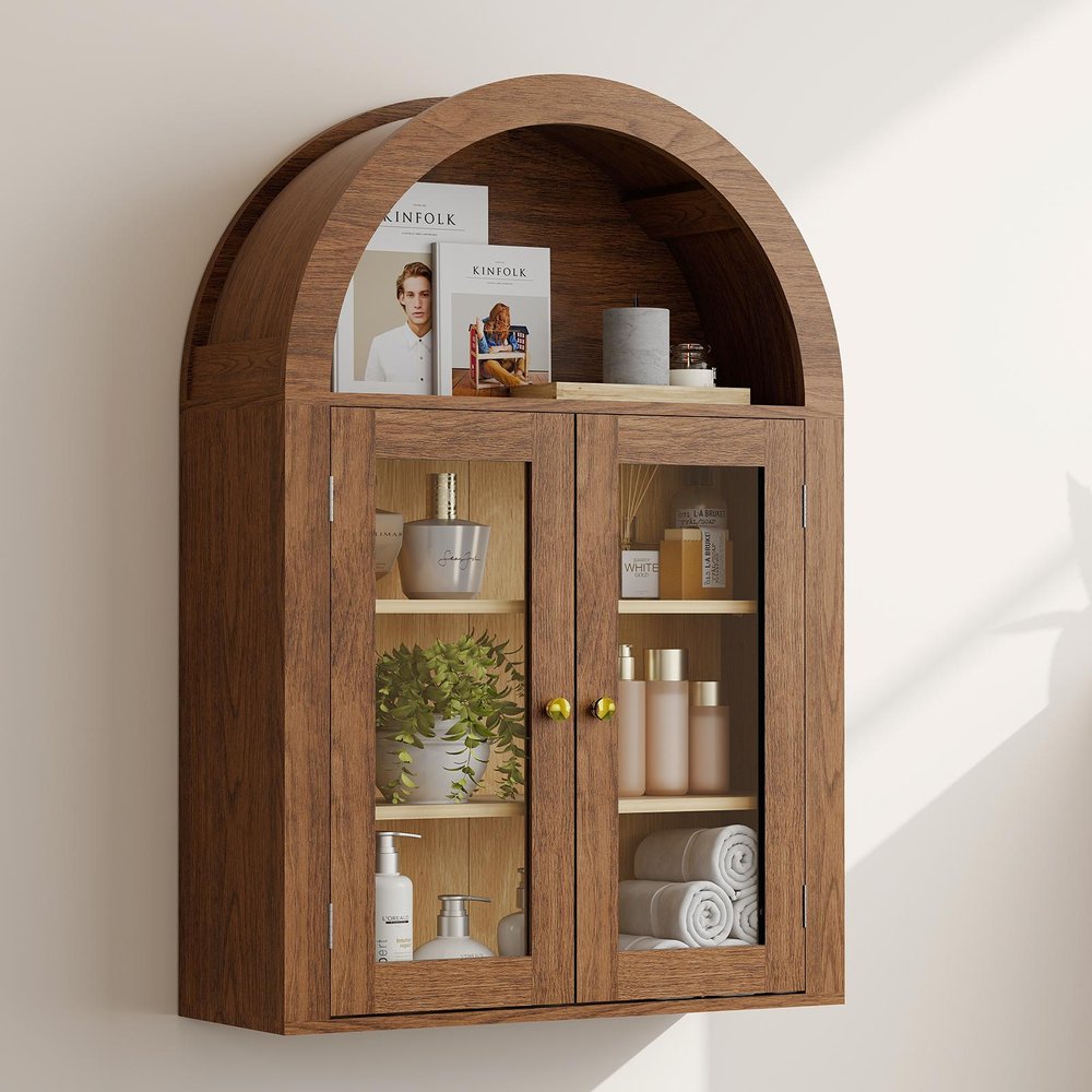 Brown Wood Wall Mounted Glass Panel Inlay Four Door Bathroom Cabinet - 32-inch