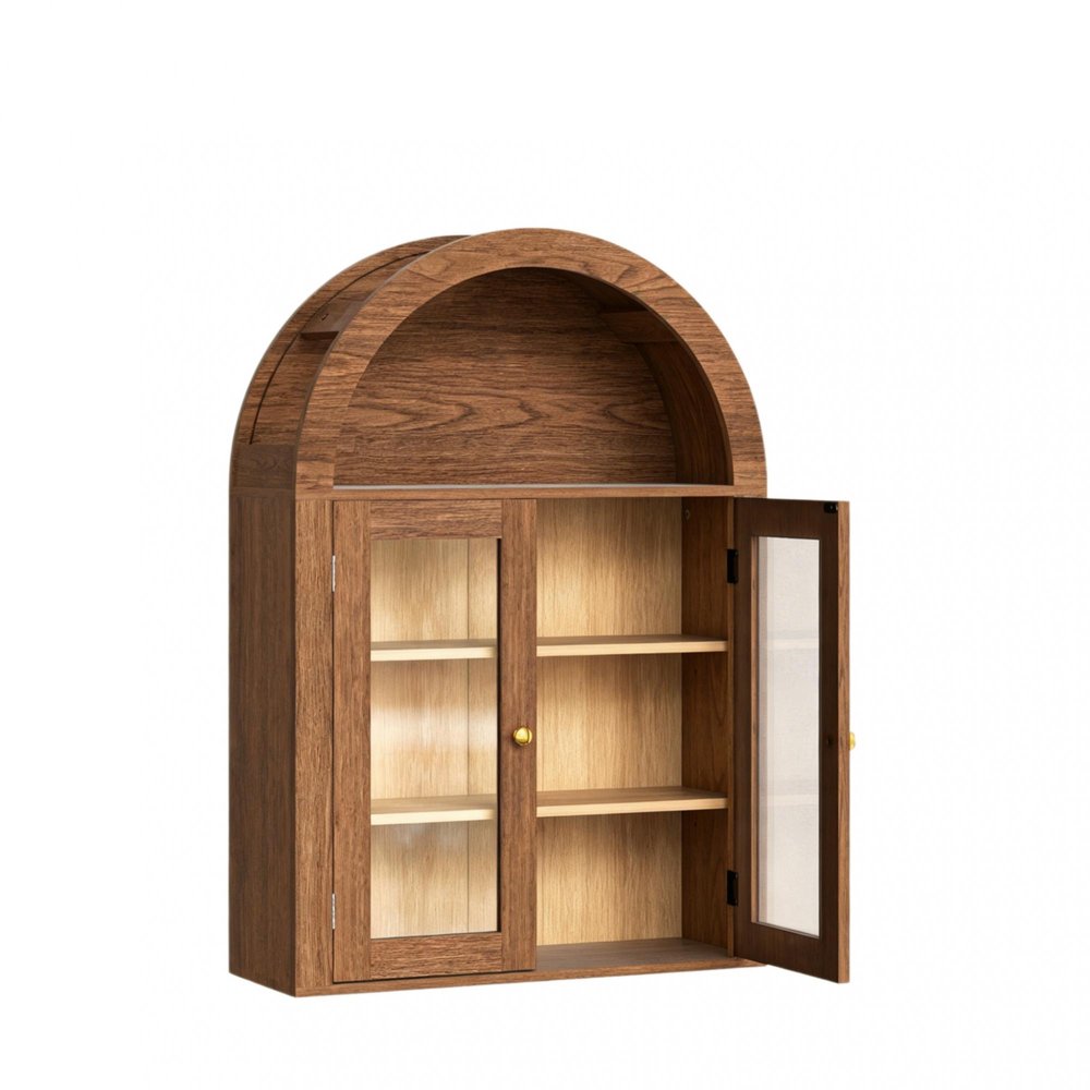 Brown Wood Wall Mounted Glass Panel Inlay Four Door Bathroom Cabinet - 32-inch