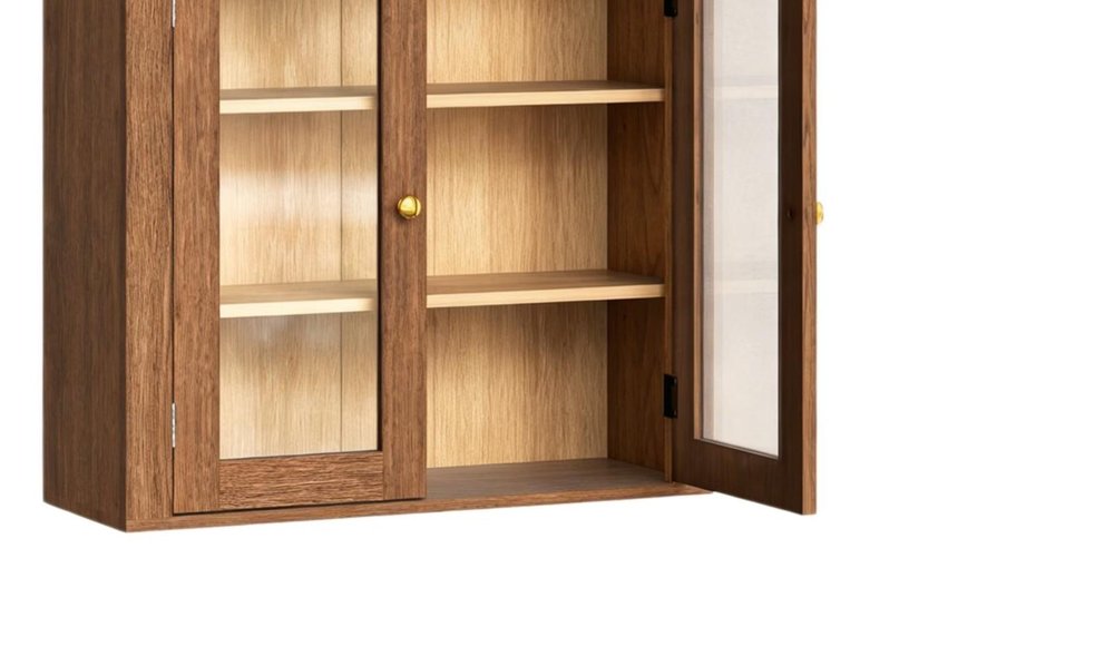 Brown Wood Wall Mounted Glass Panel Inlay Four Door Bathroom Cabinet - 32-inch