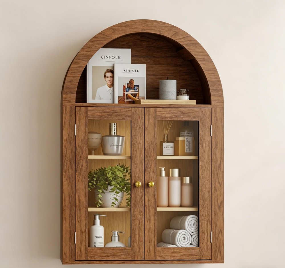 Brown Wood Wall Mounted Glass Panel Inlay Four Door Bathroom Cabinet - 32-inch