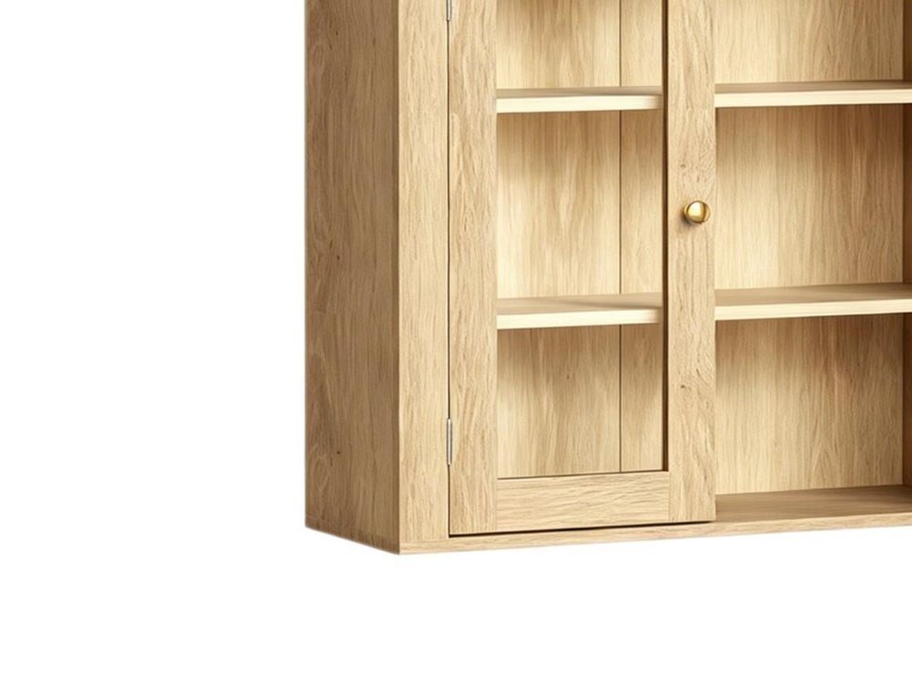 Brown Wood Wall Mounted Glass Panel Inlay Four Door Bathroom Cabinet - 32-inch