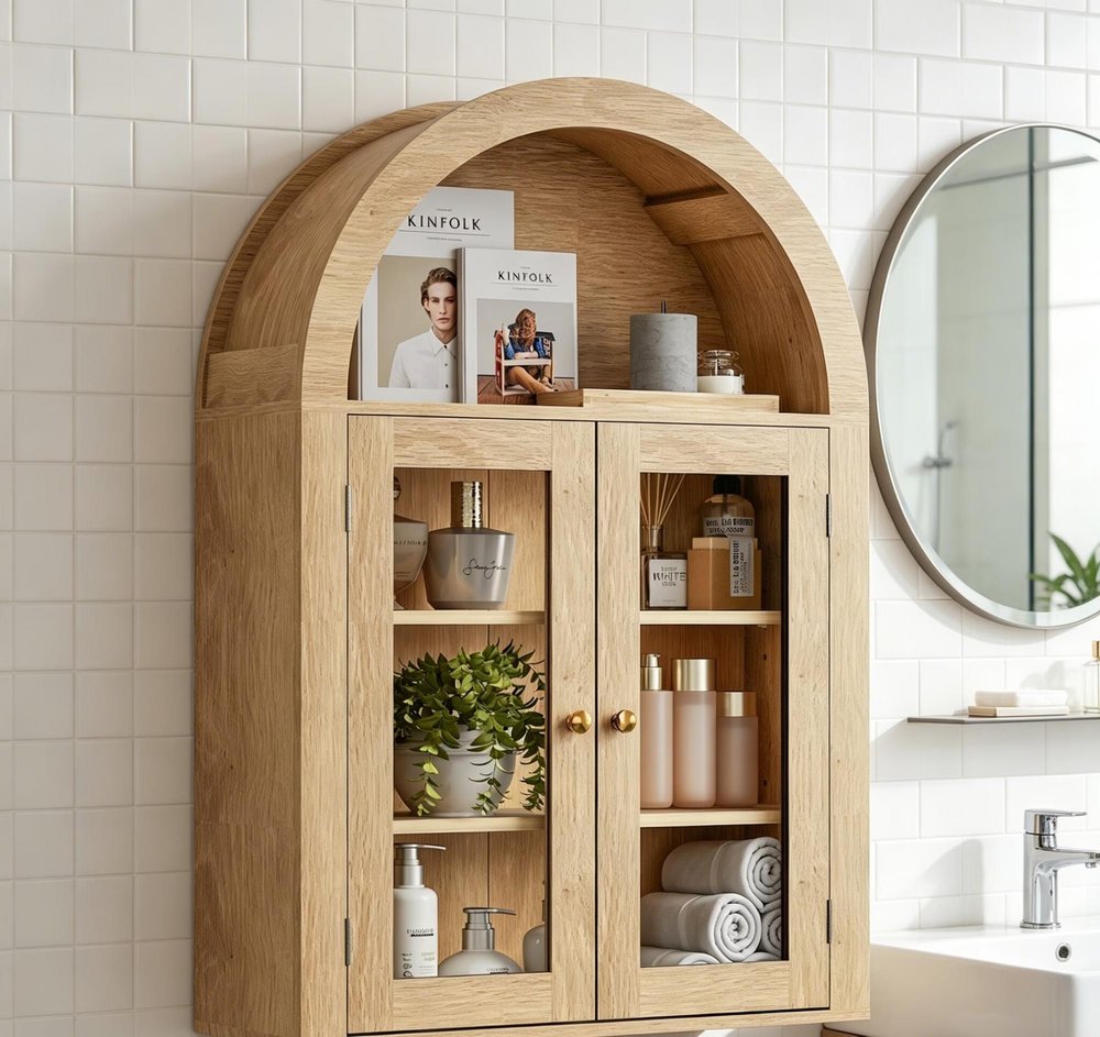 Brown Wood Wall Mounted Glass Panel Inlay Four Door Bathroom Cabinet - 32-inch