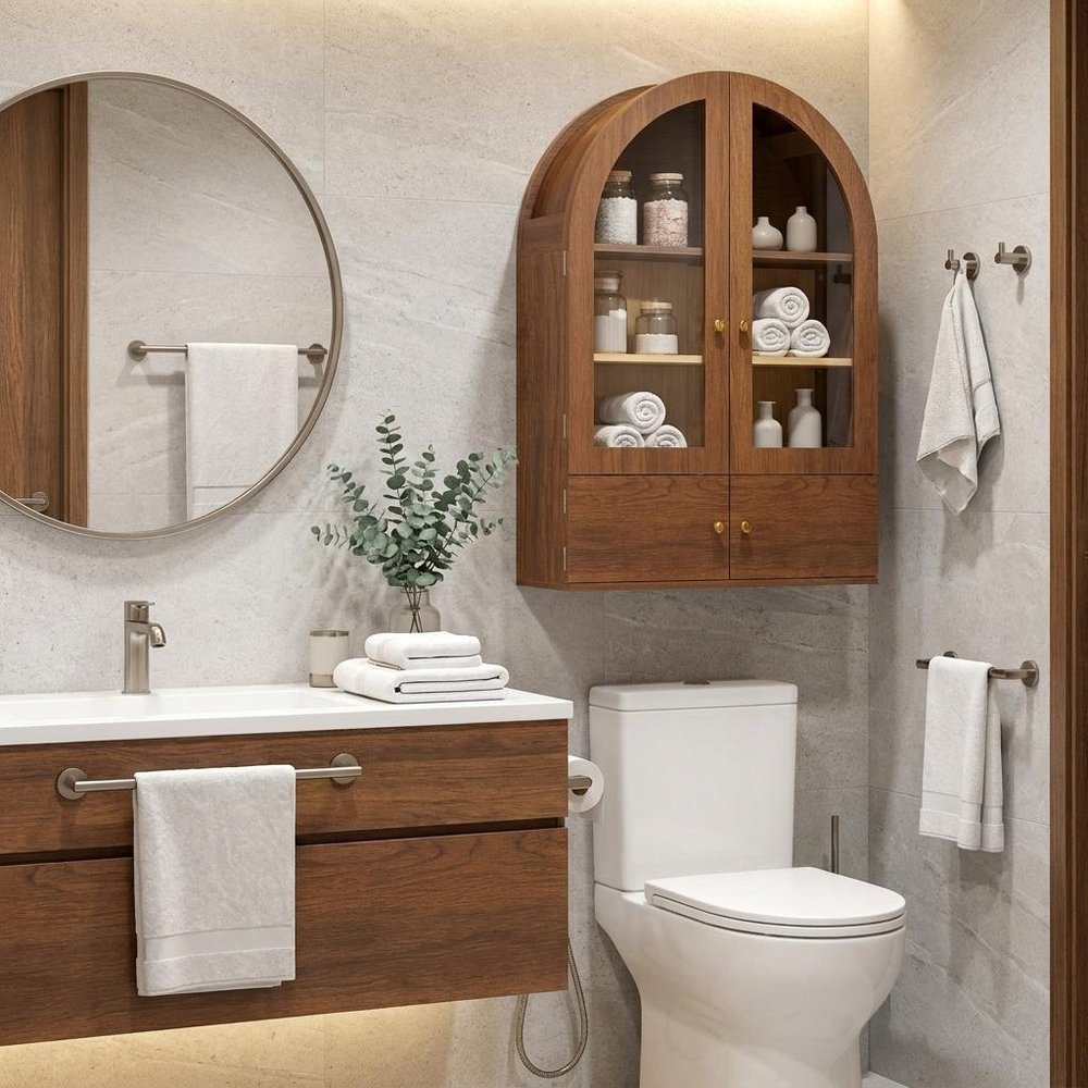 Brown Wood Wall Mounted Glass Panel Inlay Four Door Bathroom Cabinet - 34-inch