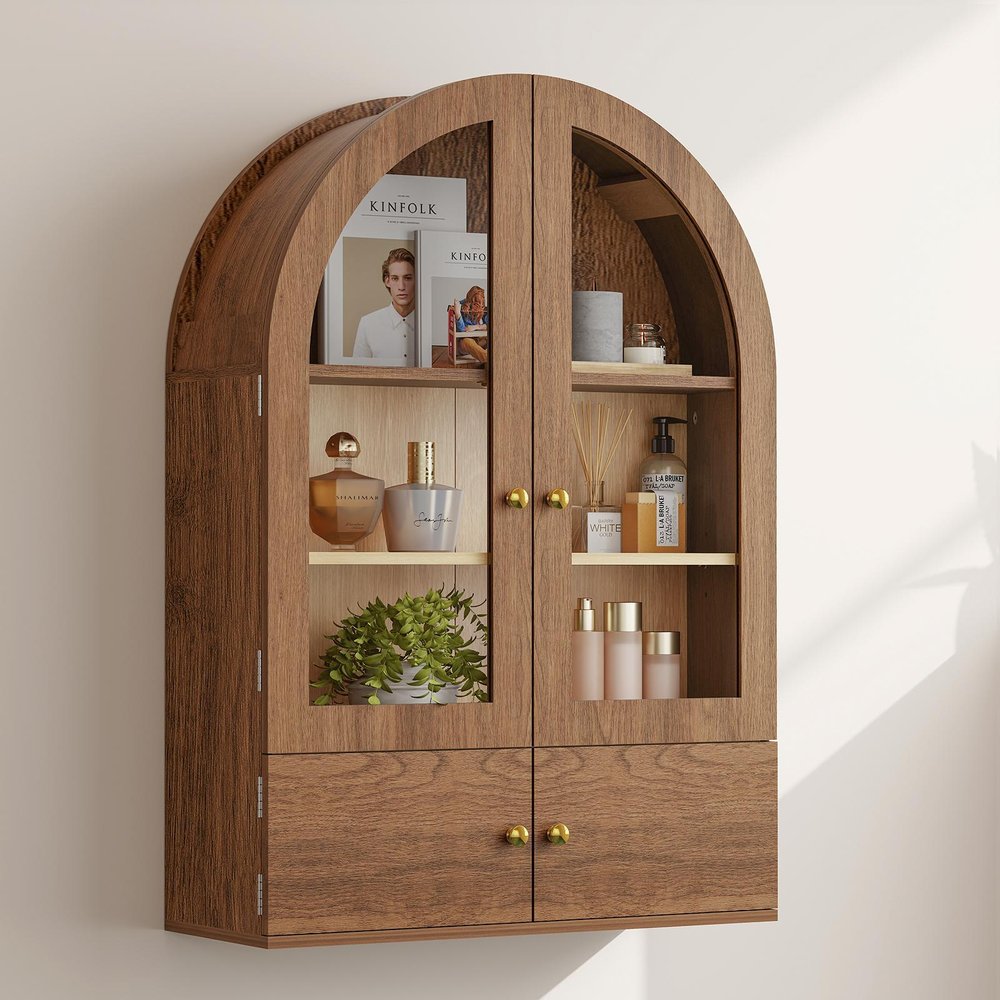 Brown Wood Wall Mounted Glass Panel Inlay Four Door Bathroom Cabinet - 34-inch
