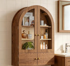 Brown Wood Wall Mounted Glass Panel Inlay Four Door Bathroom Cabinet - 34-inch