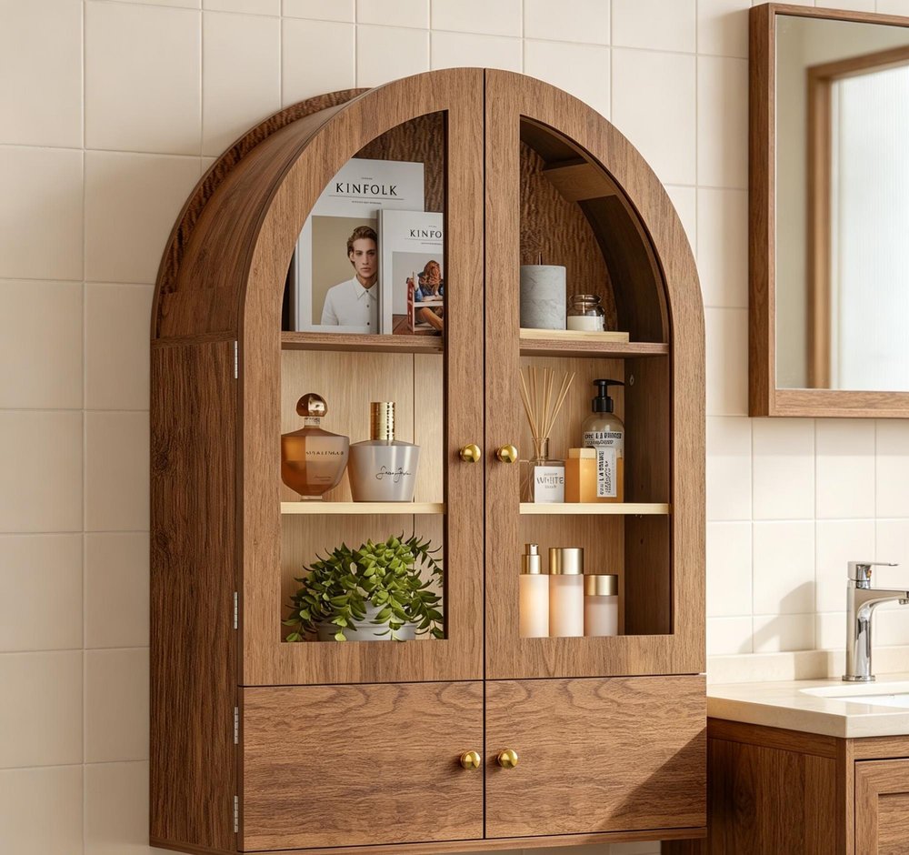 Brown Wood Wall Mounted Glass Panel Inlay Four Door Bathroom Cabinet - 34-inch