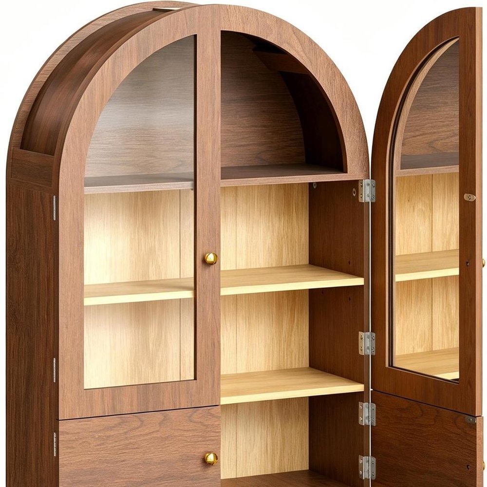Brown Wood Wall Mounted Glass Panel Inlay Four Door Bathroom Cabinet - 34-inch