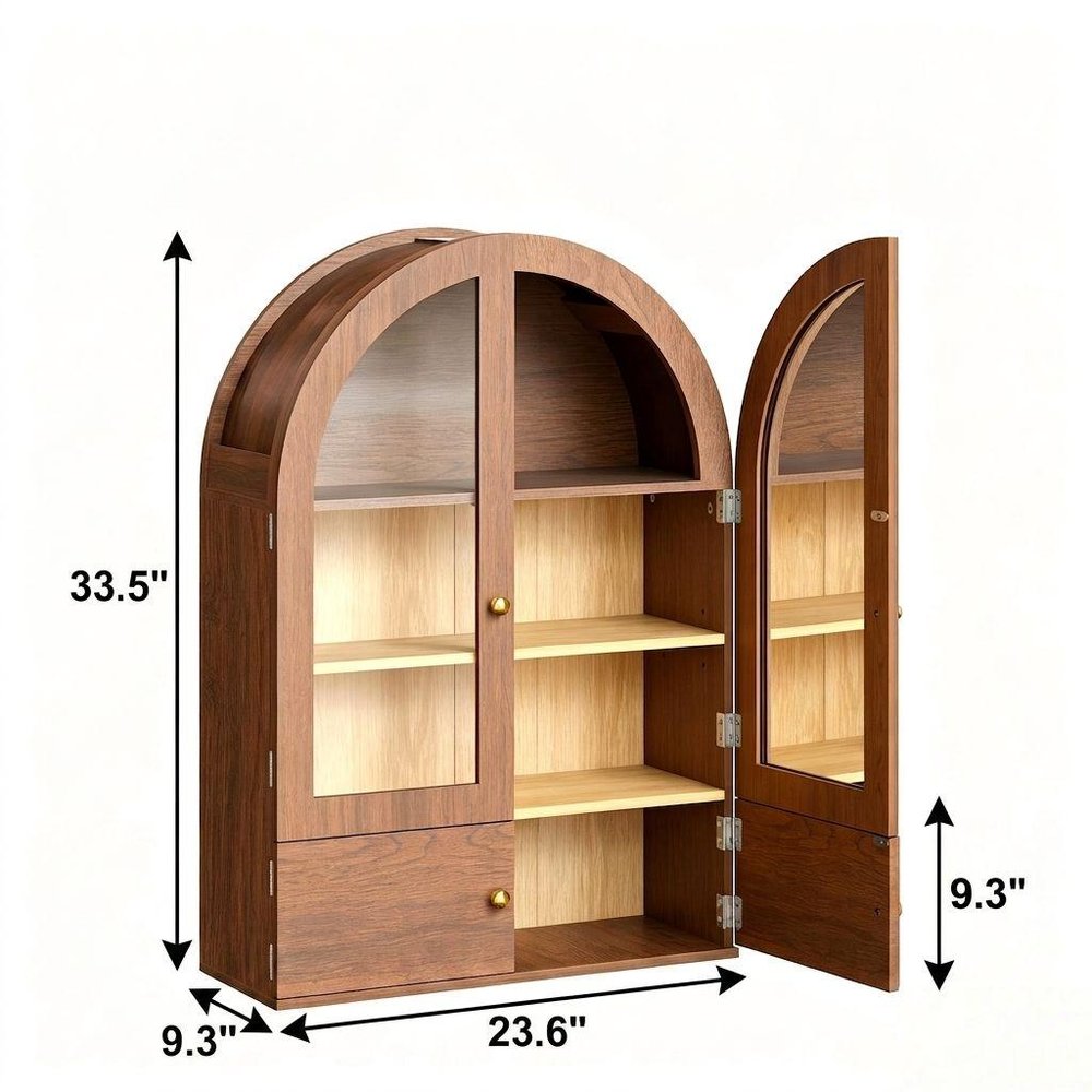 Brown Wood Wall Mounted Glass Panel Inlay Four Door Bathroom Cabinet - 34-inch