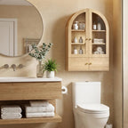 Brown Wood Wall Mounted Glass Panel Inlay Four Door Bathroom Cabinet - 34-inch