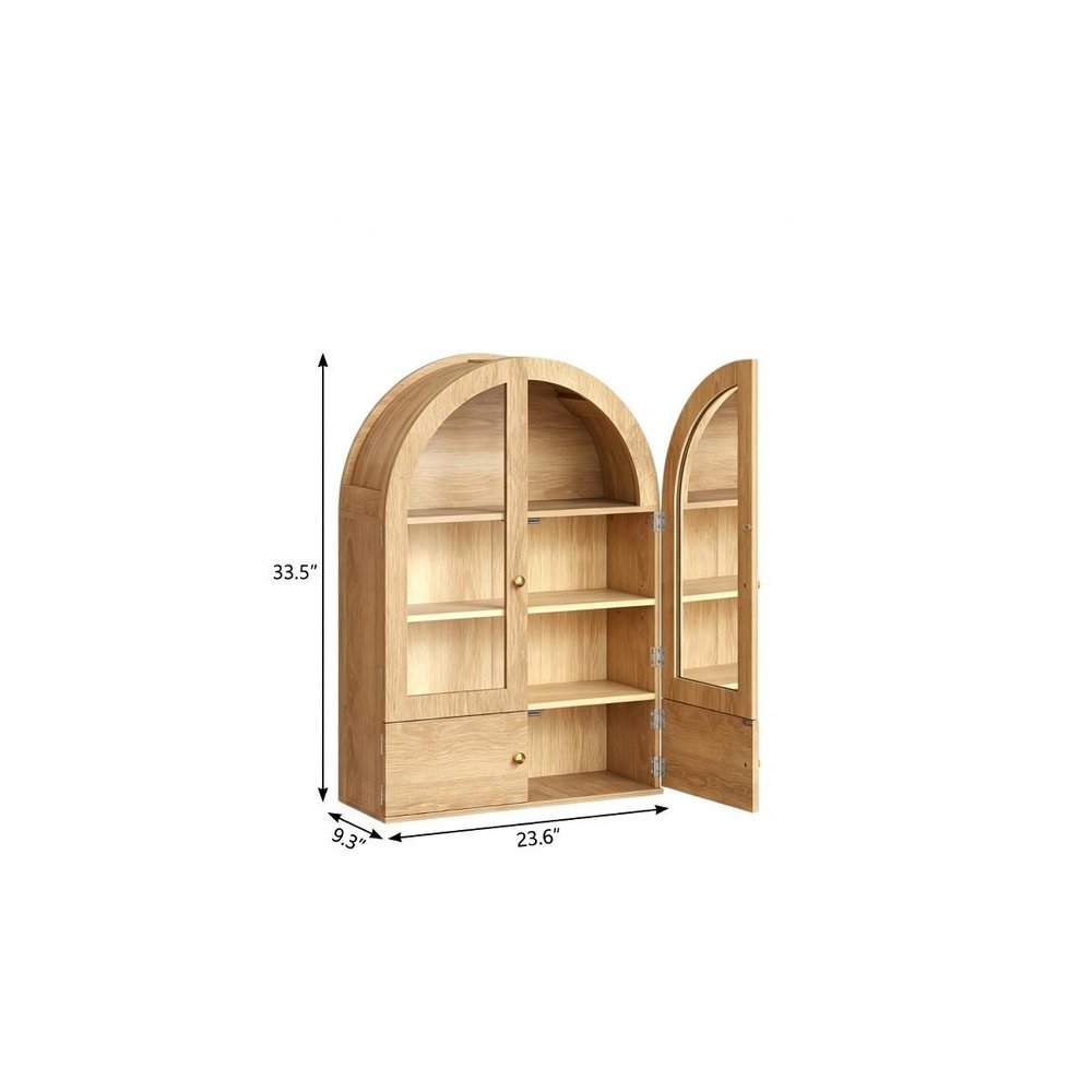 Brown Wood Wall Mounted Glass Panel Inlay Four Door Bathroom Cabinet - 34-inch