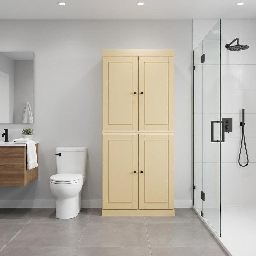 Yellow Solid Wood Free Standing Four Door Linen Cabinet - 32-inch