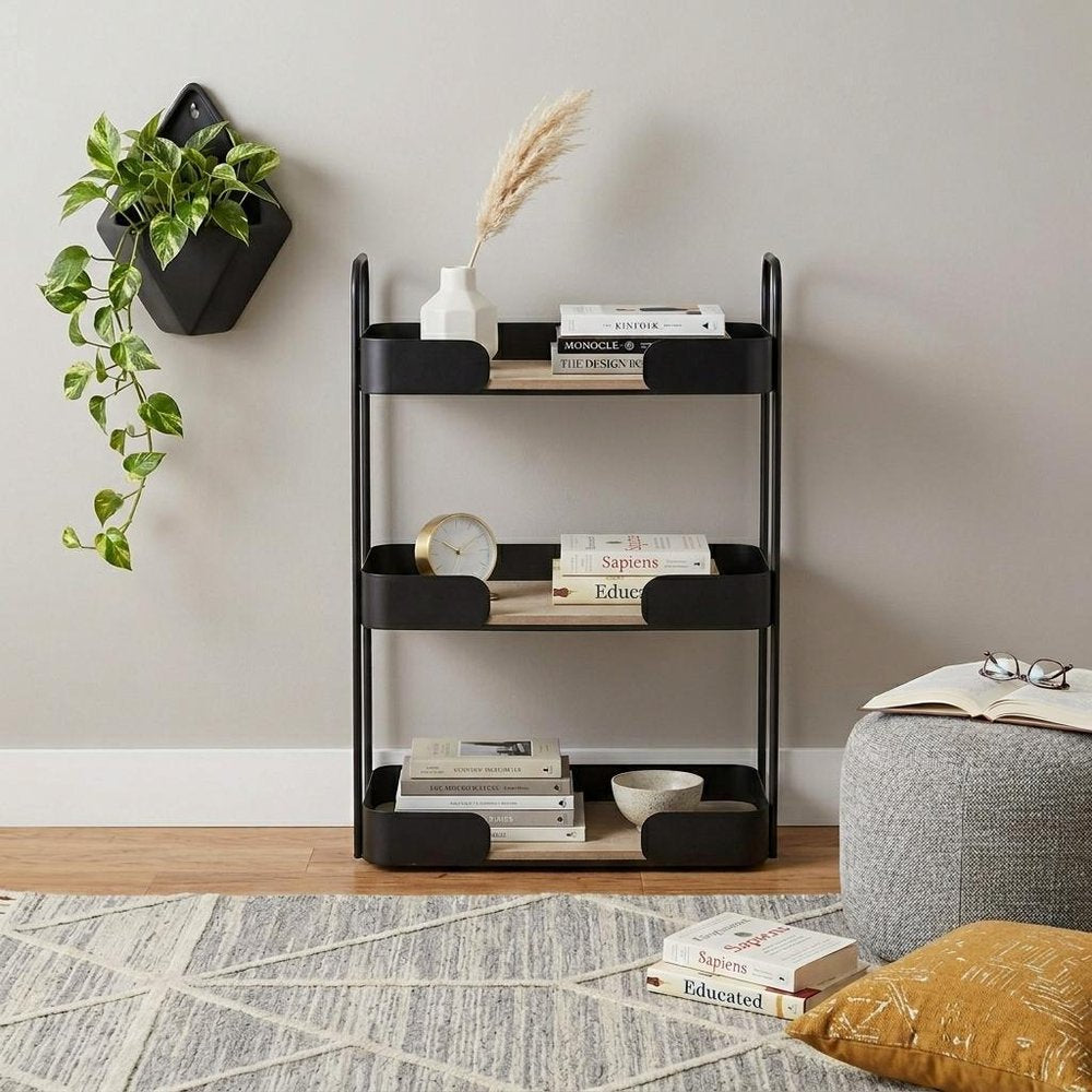 Brown Distressed Metal and Wood Two Tier Etagere Bookcase - 14-inch