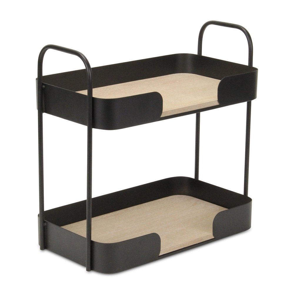 Brown Distressed Metal and Wood Two Tier Etagere Bookcase - 14-inch