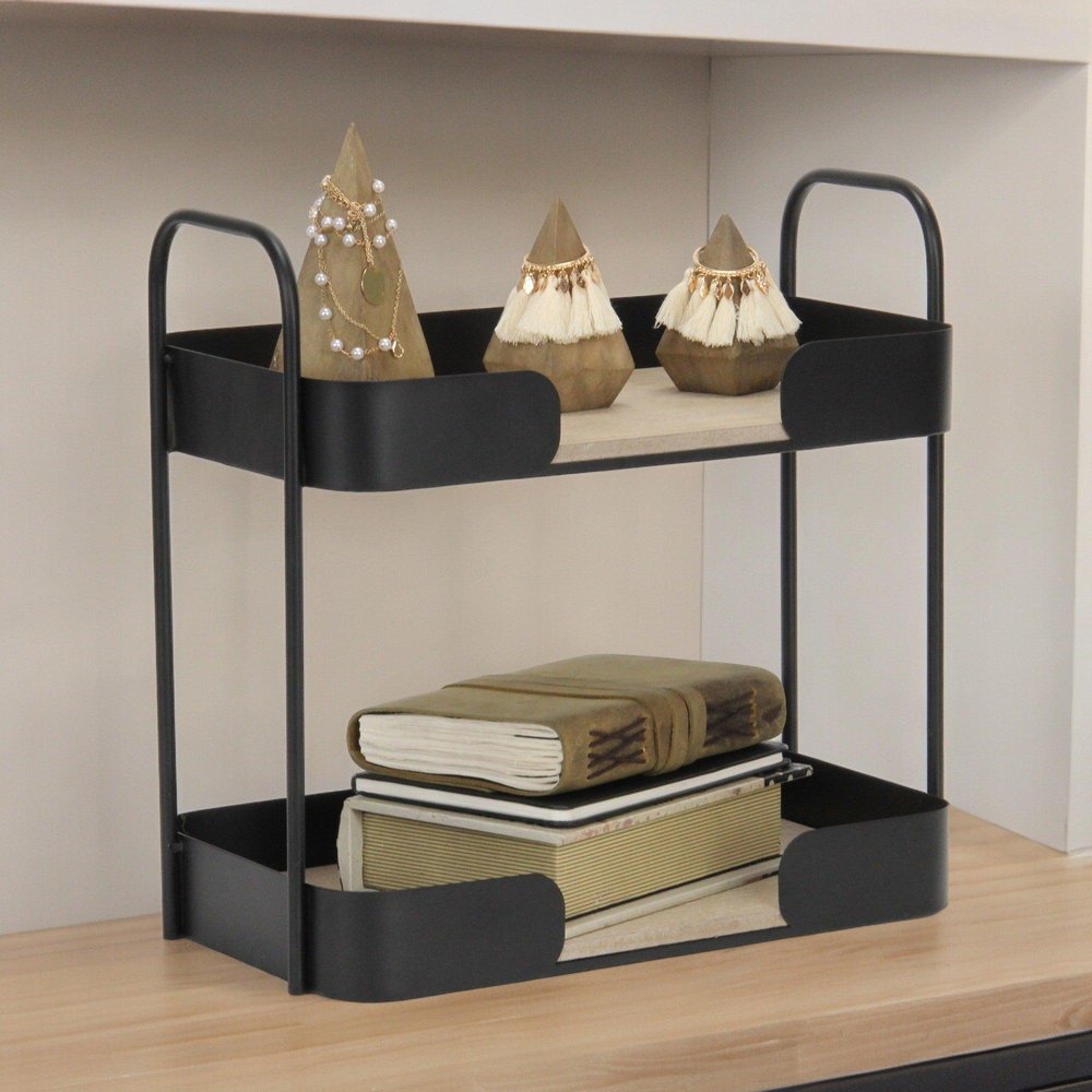 Brown Distressed Metal and Wood Two Tier Etagere Bookcase - 14-inch