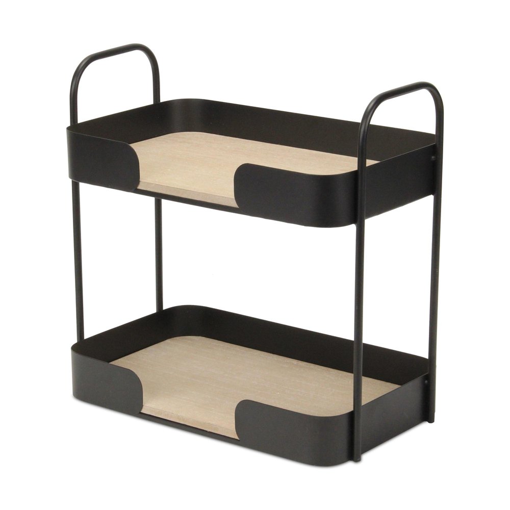 Brown Distressed Metal and Wood Two Tier Etagere Bookcase - 14-inch