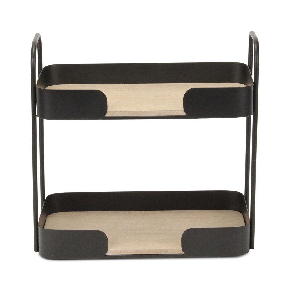 Brown Distressed Metal and Wood Two Tier Etagere Bookcase - 14-inch