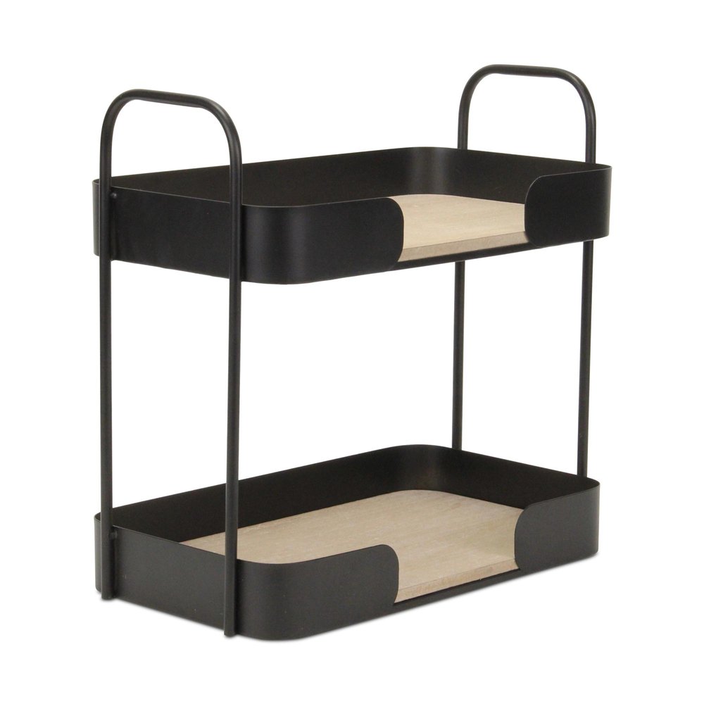 Brown Distressed Metal and Wood Two Tier Etagere Bookcase - 14-inch