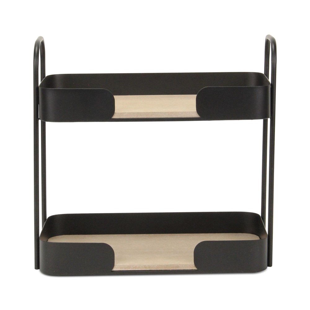 Brown Distressed Metal and Wood Two Tier Etagere Bookcase - 14-inch