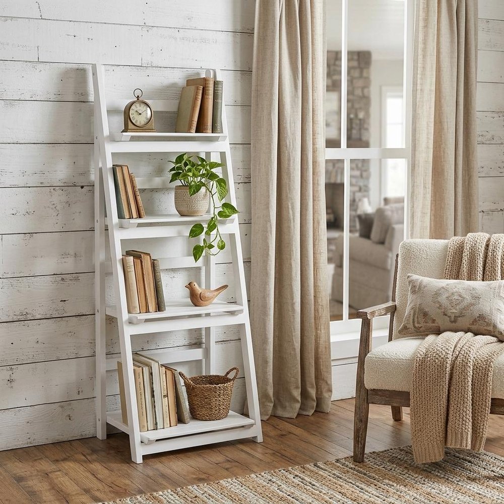 White Distressed Wood Four Tier Step Bookcase - 44-inch