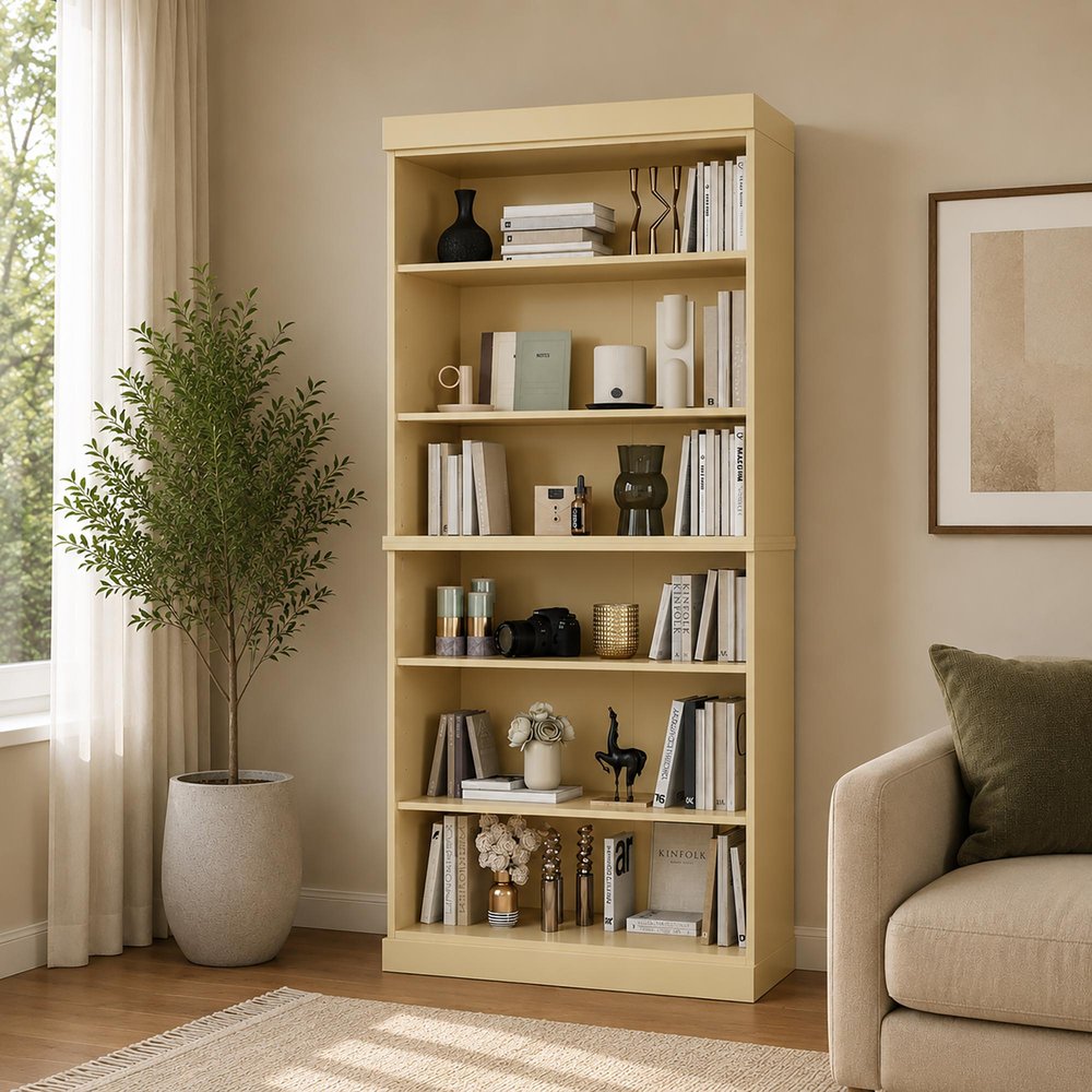 Yellow Solid Wood Adjustable Six Tier Library Bookcase - 72-inch