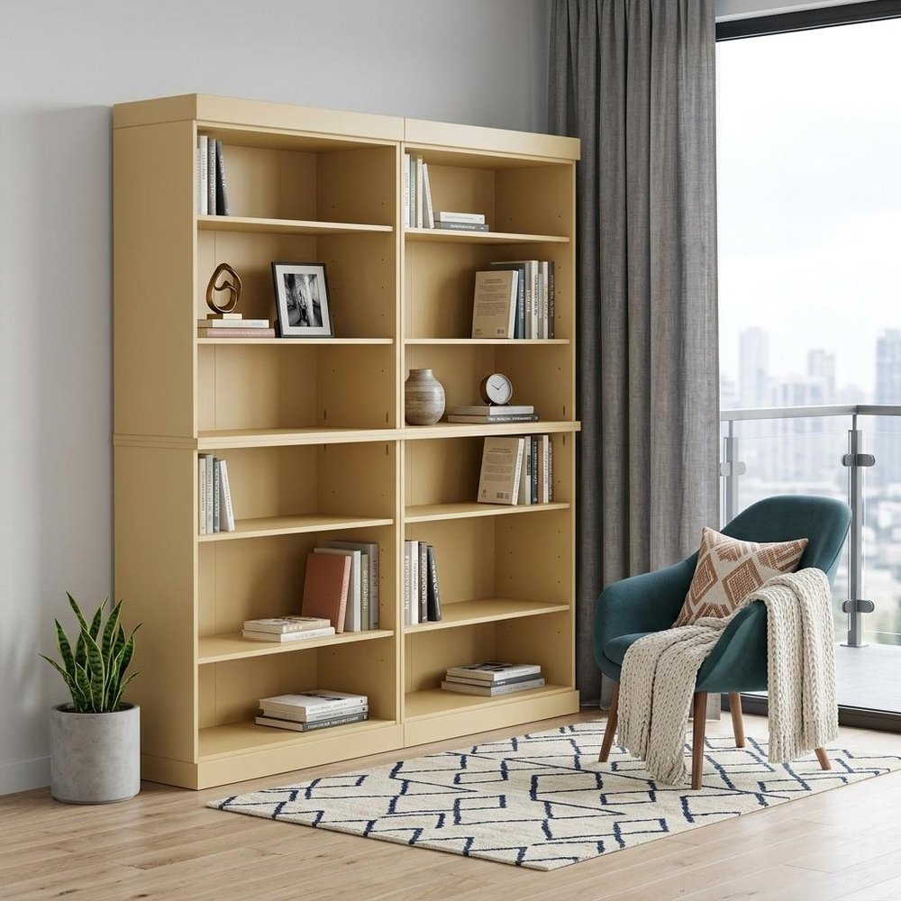 Yellow Solid Wood Adjustable Twelve Tier Library Bookcase - 72-inch