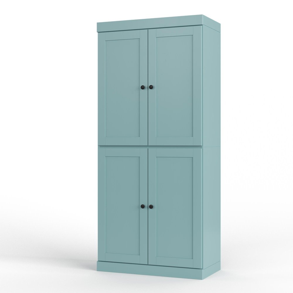 Aqua Solid Wood Free Standing Four Door Linen Cabinet - 32-inch
