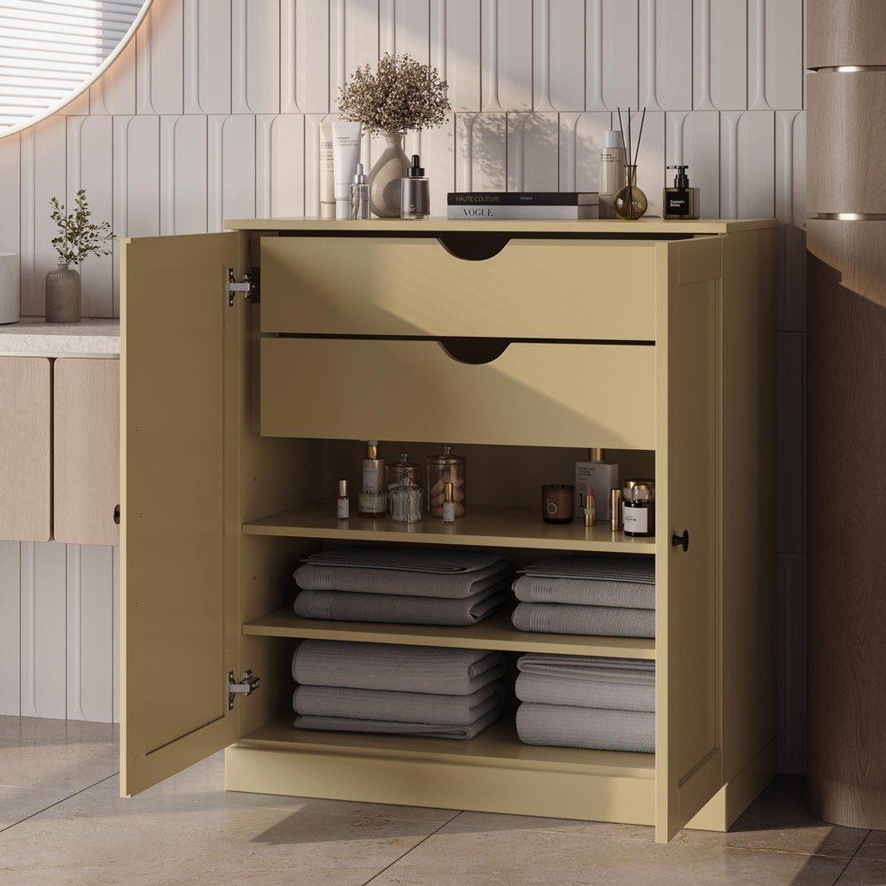 Yellow Solid Wood Free Standing Double Door Linen Cabinet - 32-inch