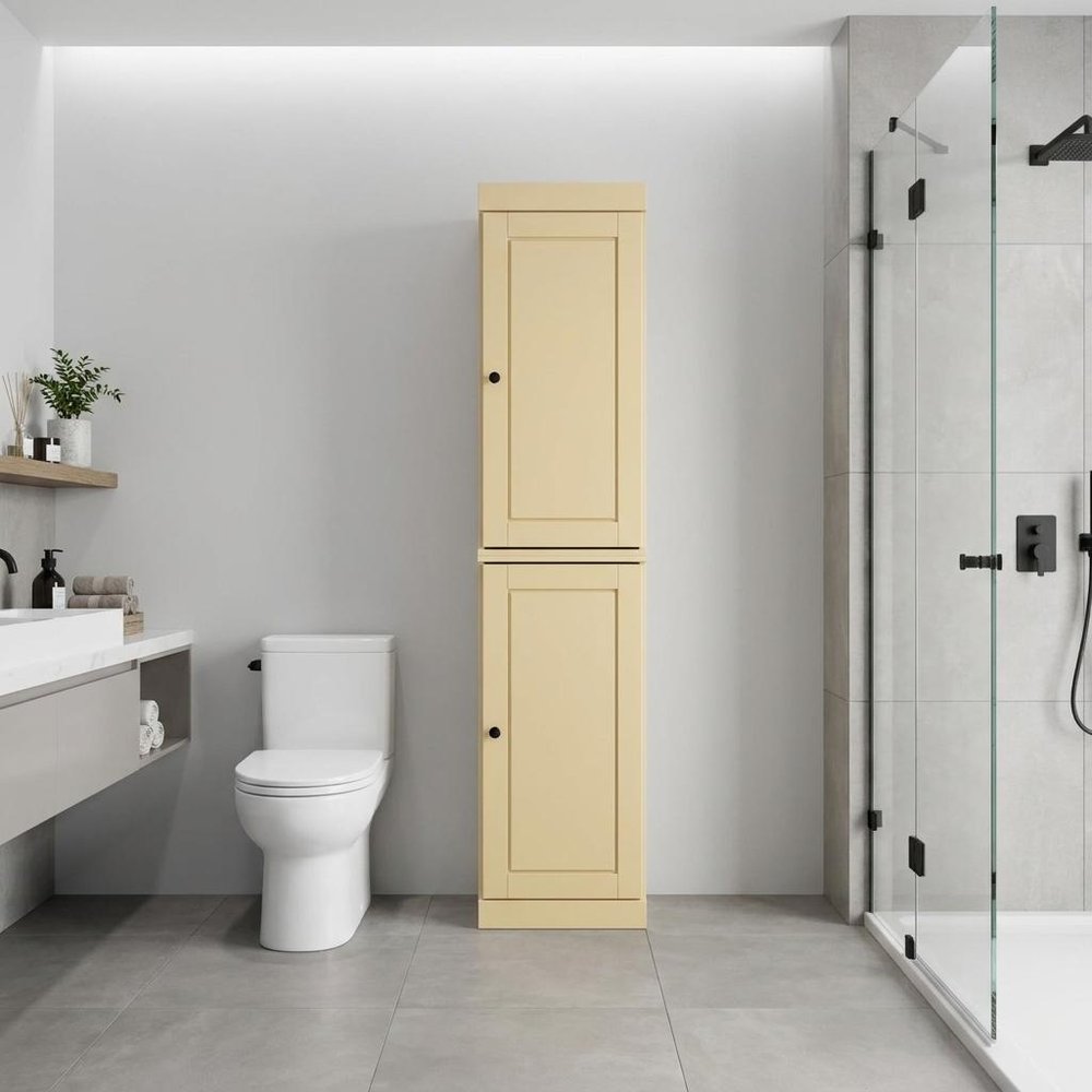 Yellow Solid Wood Free Standing Double Door Linen Cabinet - 17-inch