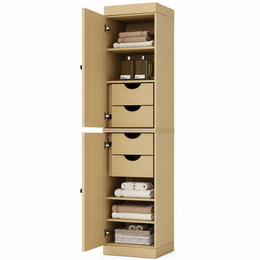 Yellow Solid Wood Free Standing Double Door Linen Cabinet - 17-inch