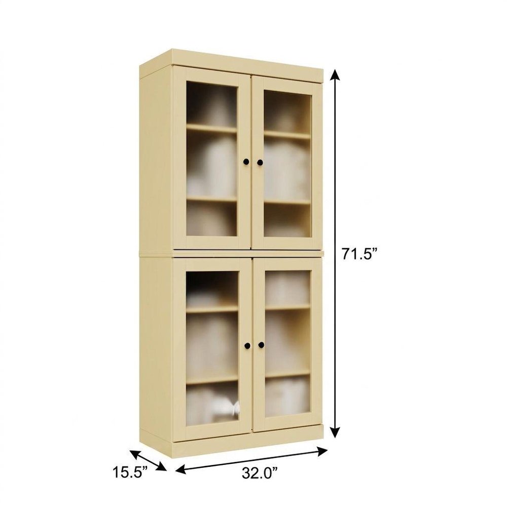 Yellow Solid Wood Adjustable Six Tier Library Bookcase with Four Doors - 72-inch