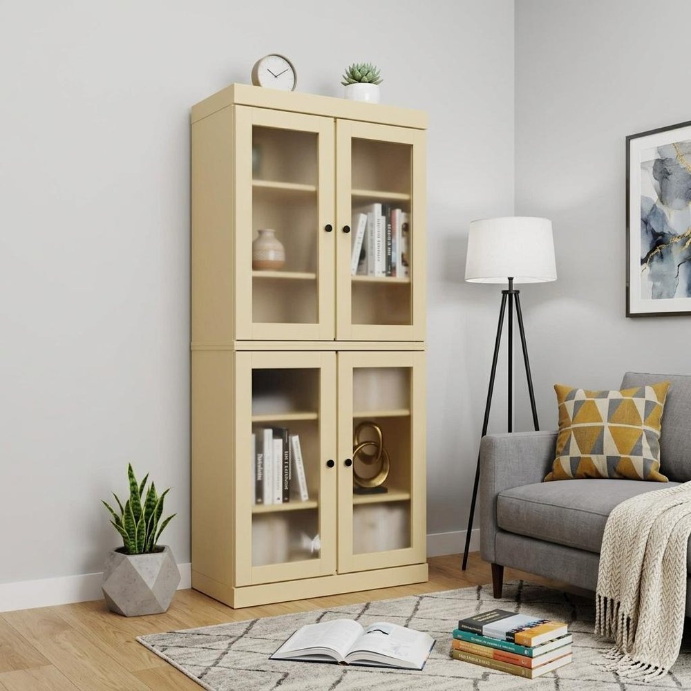 Yellow Solid Wood Adjustable Six Tier Library Bookcase with Four Doors - 72-inch