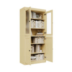 Yellow Solid Wood Adjustable Six Tier Library Bookcase with Four Doors - 72-inch