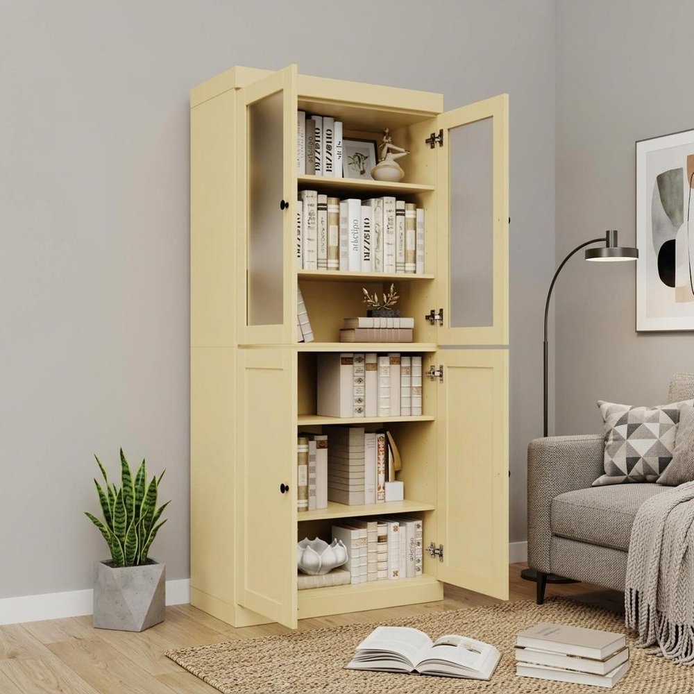 Yellow Solid Wood Adjustable Six Tier Library Bookcase with Four Doors - 72-inch