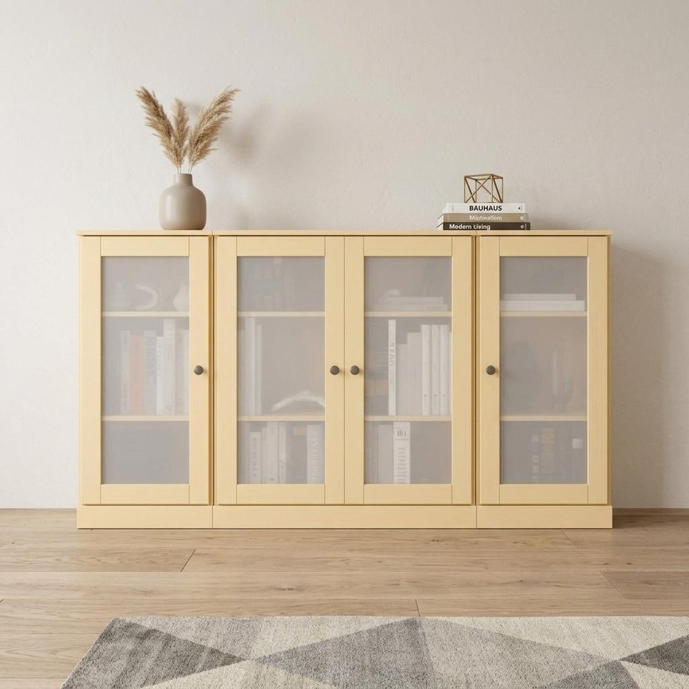 Yellow Solid Wood Sideboard with Four Glass Doors - 65-inch