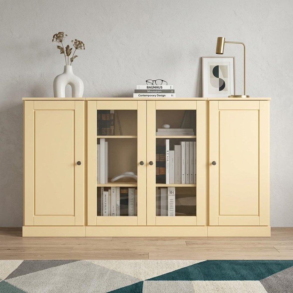 Yellow Solid Wood Sideboard with Four Glass Doors - 65-inch